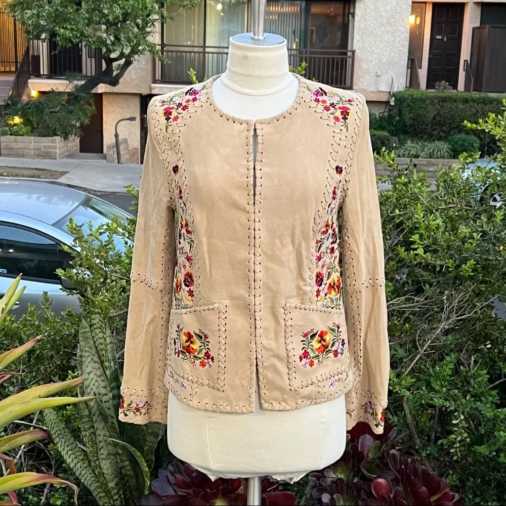HAUTE HIPPIE Sandy Bottom Goat Leather Embroidered Jacket Whipstitch Detail NWT